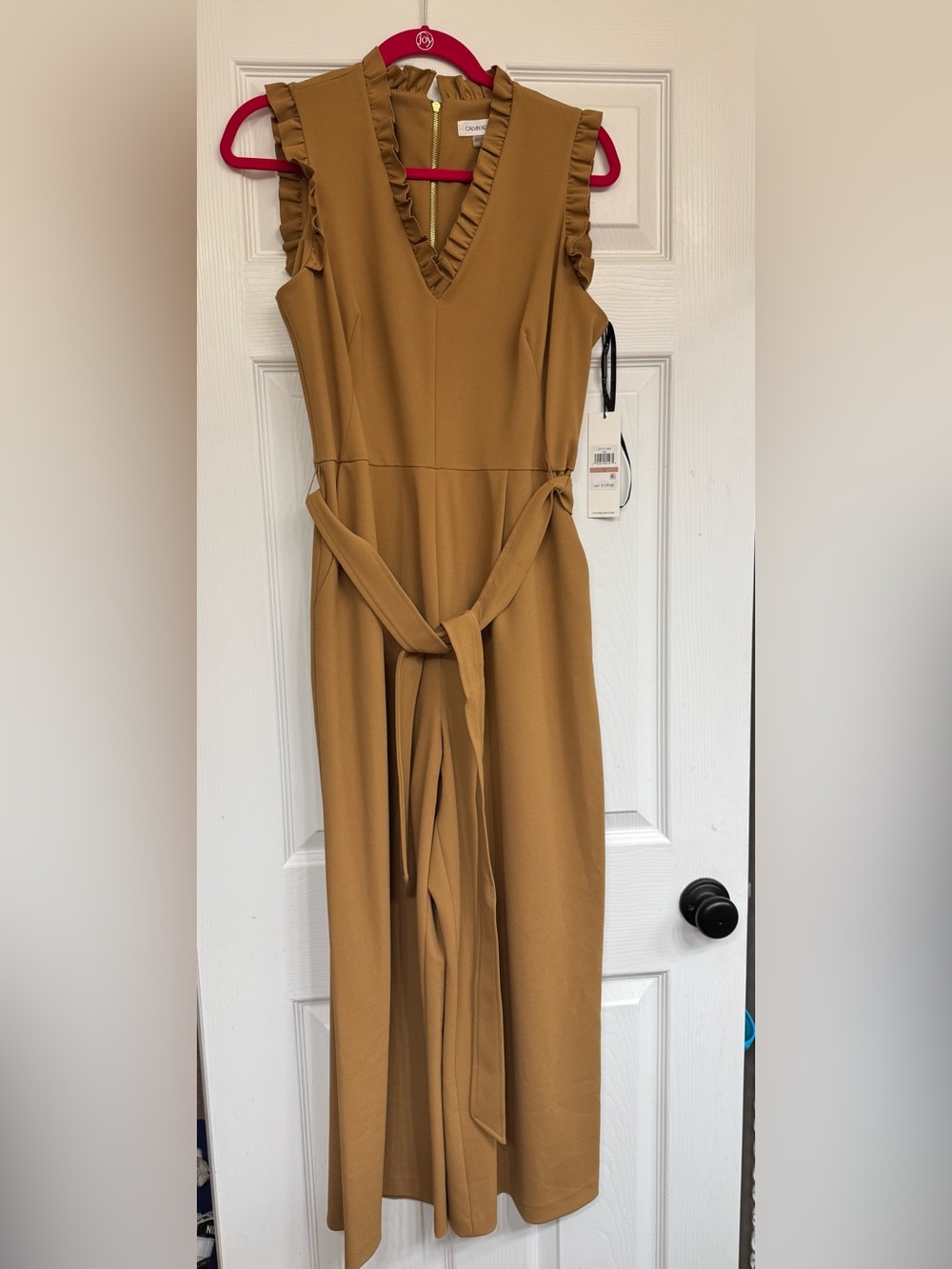 Calvin Klein Ruffle V-Neck Sleeveless Jumpsuit in Mustard